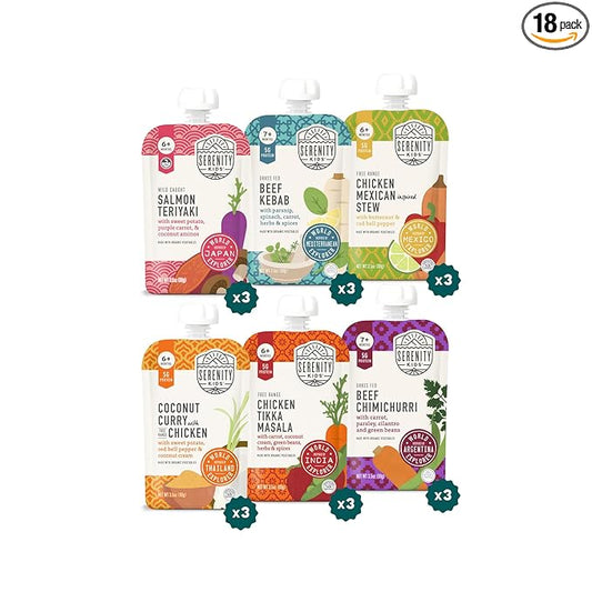 Serenity Kids 7+ Months World Explorers Baby Food Pouches - Puree With Ethically Sourced Meats & Organic Veggies - BPA-Free Organic Baby Food - 3.5 Oz, 18 Pack