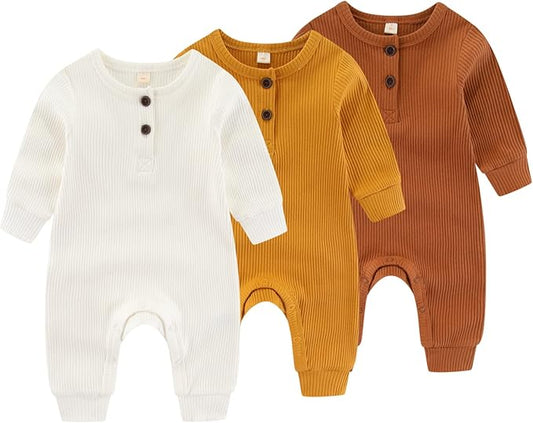 Newborn Baby Boys Girls One Piece Romper With Mitten Cuffs 3 Pack Long Sleeve Ribbed Button Jumpsuit Outfit Clothes