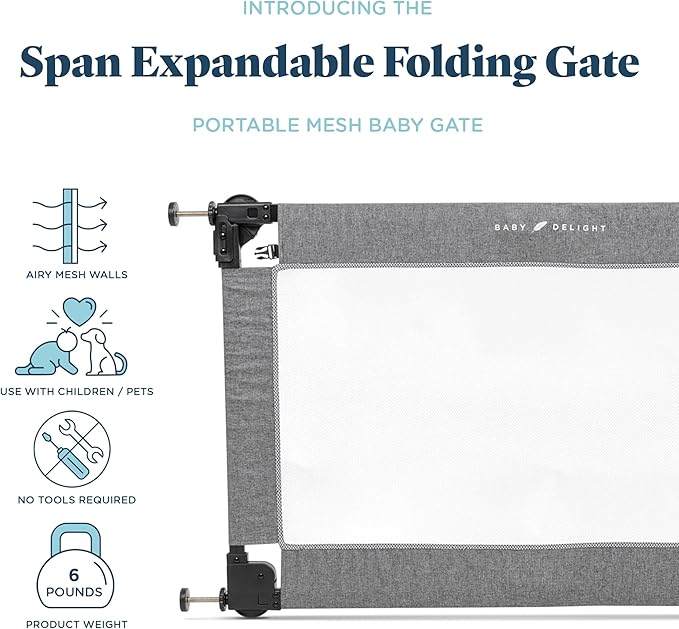 Baby Delight Go with Me Portable Mesh Baby Gate | Span 30-48" Expandable Folding Gate | Pressure Mounted | Charcoal Tweed