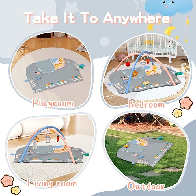 Baby Play Gym & Activity Mat, Oversize Elephant Baby Play Mat w 6 Detachable Toys, Tummy Time Mat Promote Motor Skills & Sensory Development Mat, Newborn Infant Baby Essentials Gift