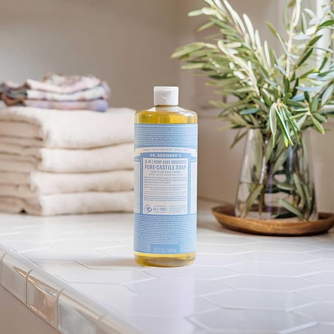 Dr. Bronner's Magic Soap-Pure-Castile Liquid Soap (Baby Unscented, 32 ounce, 2-Pack)-Regenerative Organic Certified Oils, 18-in-1 Uses: Body, Laundry & Dishes, For Sensitive Skin, No Fragrance