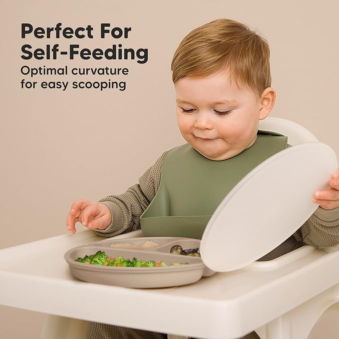 KeaBabies Suction Plates with Lids for Baby - 3-Pack 100% Silicone Toddler Plates with Suction, Divided, BPA-Free Baby Led Weaning Essentials for Kids, Dishwasher, Microwave Safe, Durable (Burgundy)