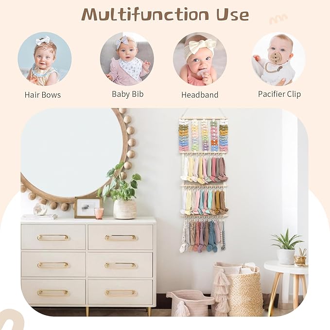 POVETIRE Headband Holder Hair Bows Organizer for Girls, Baby Headbands Hair Accessories Organizer Storage Wall Hanging Decor for Toddler Girls Room