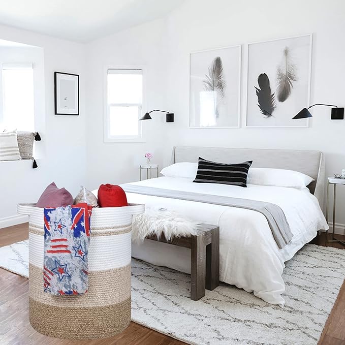 COMSE Extra Large Blanket Basket, Tall Laundry Basket, Nursery Hamper, 15.7”x 21.7”, Cotton Rope Woven Laundry Hamper for Storage Toys Clothes Towels, Gradient Brown