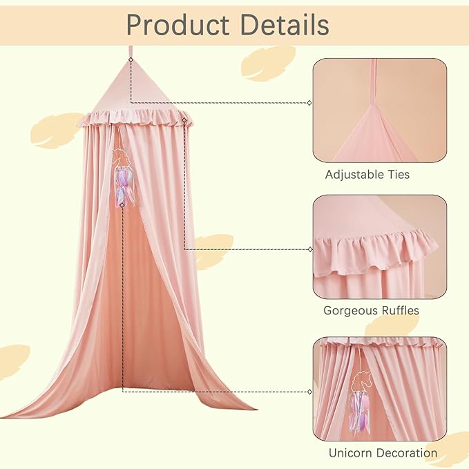 Akiky Kids Bed Canopy for Crib & Twin Size with Ruffles Dreamcatcher, Princess Girls Nursery Room Decor Toddler Baby Dome Round Hanging Tent Curtains Skirt Over Bed Reading Nook Play Tents Pink