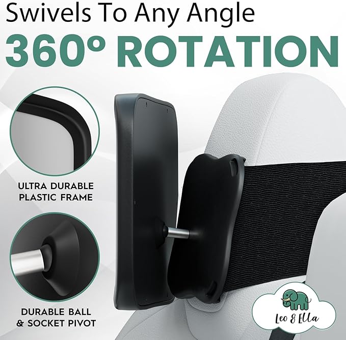 Leo and Ella - Tesla Fixed Headrest Baby Car Mirror, Extra Large Car Mirror For Baby, Shatterproof & Adjustable Safety Mount with Elastic Strap