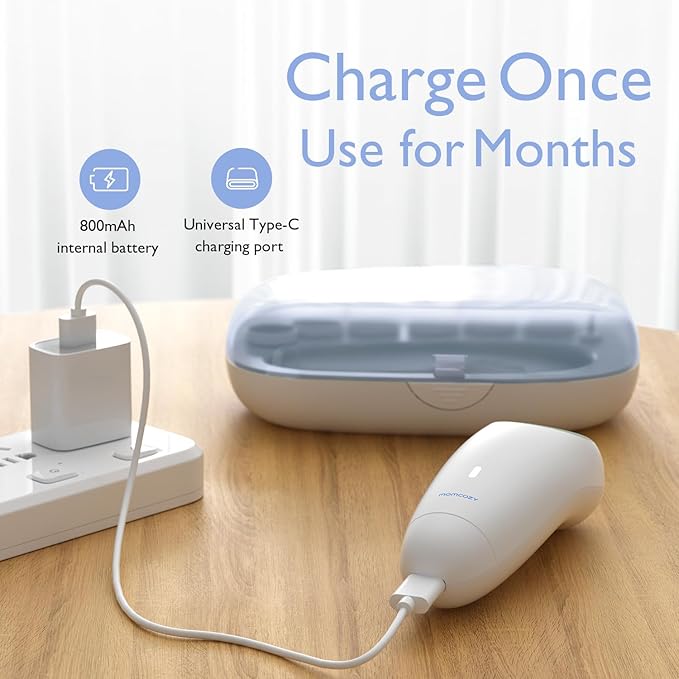 Momcozy Baby Nail File Electric, Gentle Baby Nail Trimmer Electric, Baby Nail Clipper with Night Light, 7 Grinding Head Replacement Pads, Blue