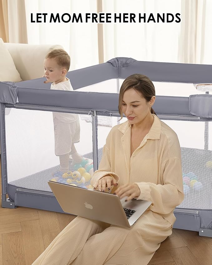 Foldable Baby Playpen with Non-Removable Thick Mat, Extra Large Collapsible Play Yard for Babies & Toddlers, Portable Travel Playpen with Gate, Safe Activity Center (51"×51" Gray)