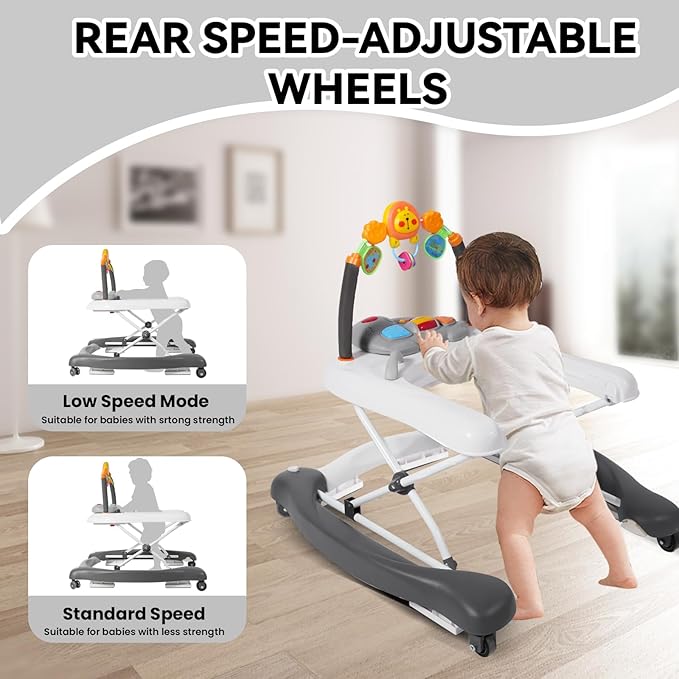 Baby Walker, 5 in 1 Baby Walkers for Boys Girls 6-12 Months, Foldable Walkers for Babies with Bouncer & Feeding Tray, Music, Adjustable Heights, Activity Walker for Infant