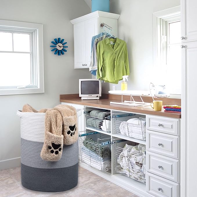 Large Laundry Hamper for Girls Boys Kids 72L, Nursery Hamper, Tall Laundry Basket, Cotton Rope Woven Blanket Basket for Storage Toys Clothes Towels, 16”x 22”, White & Gray