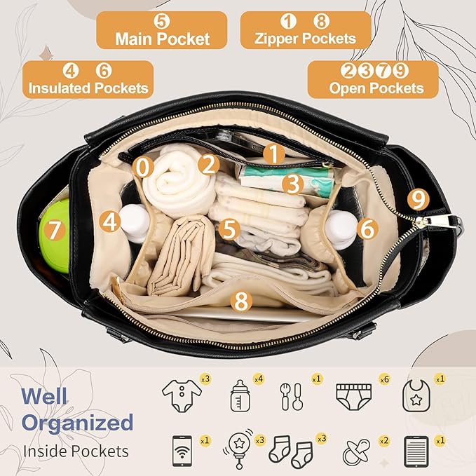 miss fong Diaper Bag Tote Leather Diaper Bag Backpack,Large Capacity Mommy Bag Hospital Bag,12 Pockets Travel Diaper Tote with Changing Pad,Stroller Straps & Insulated Pockets for Mom & Dad-Black