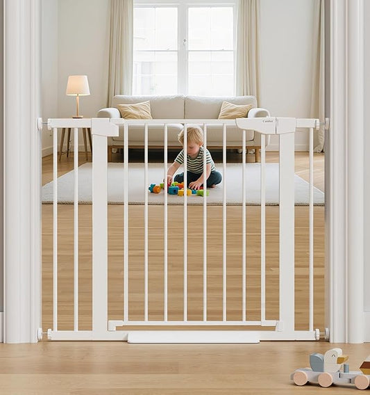 Cumbor 29.7-40.6" Baby Gate for Stairs, Mom's Choice Awards Winner-Dog Gate for Doorways, Pressure Mounted Auto-Close Pet Gates for Dogs Indoor, Safety Child Gate with Easy Walk Thru Door, White