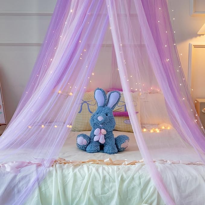 Princess Pink Purple Bed Canopy with Warm Fairy Lights for Girls Bed Net,X-Large Princess Canopy Hanging Netting for Girls Bedroom Decor,Kids Fairy Dream Play Tent for Room,Reading Corner