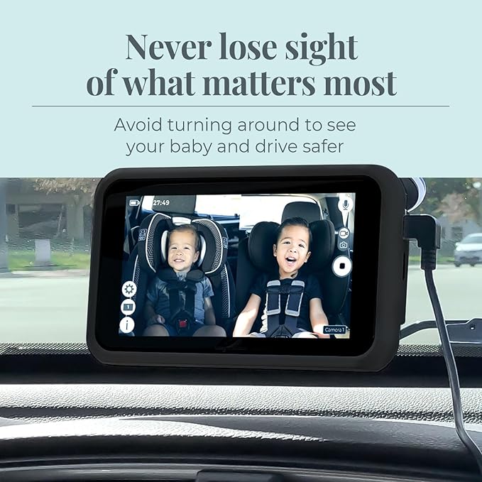 Tiny Traveler Baby Car Camera for 2 Kids, 5” Touch Screen Baby Car Monitor, No WiFi Baby Camera for Car Home Travel Roadtrip – Rear-Facing Car Seat Monitor Night Vision Baby Reminder Alert - Black