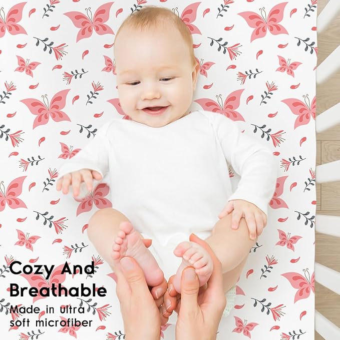 Yoofoss Baby Crib Sheets for Boys Girls, Fitted Crib Sheet 3 Pack for Standard Crib and Toddler Mattress, Super Soft Microfiber Baby Sheet 28x52x8in Butterflies