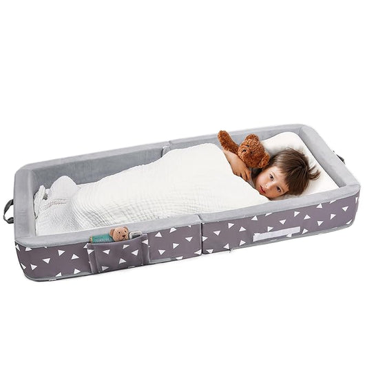 Mooedcoe Foldable Toddler Floor Bed with Sides, Folding Toddler Bed for Travel Kid Foam Sleeping Cot for Children 18M – 5yr Old(Rectangular, Triangle)