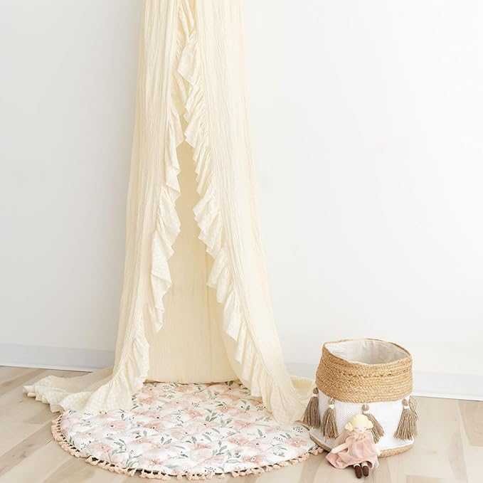 Crane Beige Ruffled Baby Crib Canopy - 118" Tall, Boho Style for Girls & Boys Rooms, Nursery & Playroom Decor