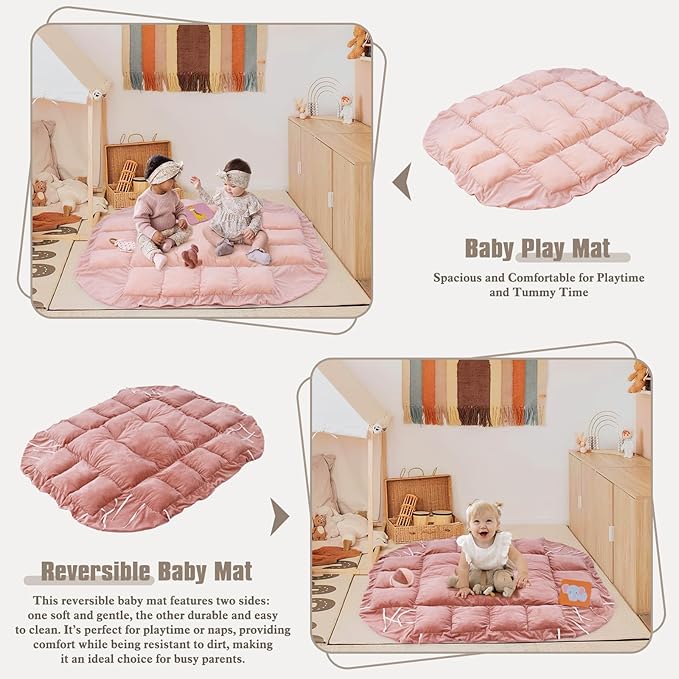 5-in-1 Plush Baby Play Gym, Baby Play Mats, Convertible Baby Gym with Pillow, Tummy time mat, Baby&Ped Bed, 6 Sensory Toys, Activity Center from Newborn to Toddler, Ball Pit, Rectangular Pink