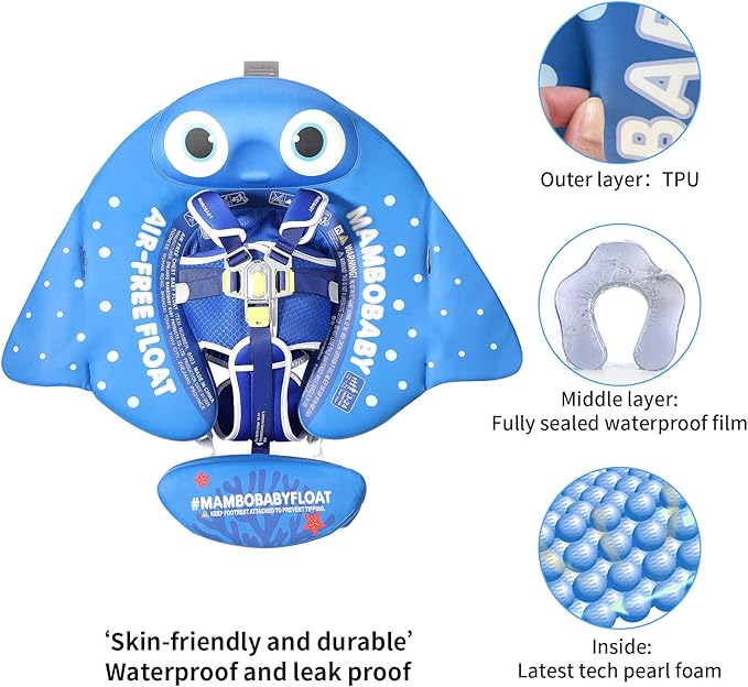 Mambobaby Float with Canopy and Tail New Upgraded Non-Inflatable Baby Pool Float Mambo Float Swim Trainer Solid Infant Swim Float Adjustable Pearl Foam Baby Swim Ring