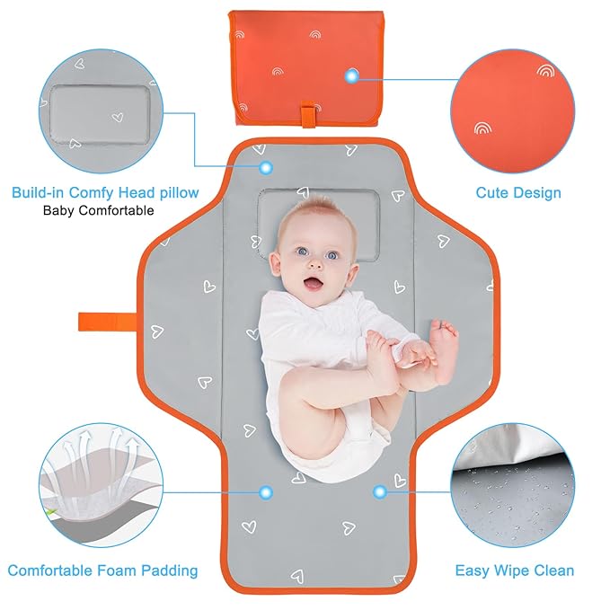 Baby Portable Changing Pad Travel - Waterproof Compact Diaper Changing Mat with Built-in Pillow - Lightweight & Foldable Changing Station, Newborn Shower Gifts