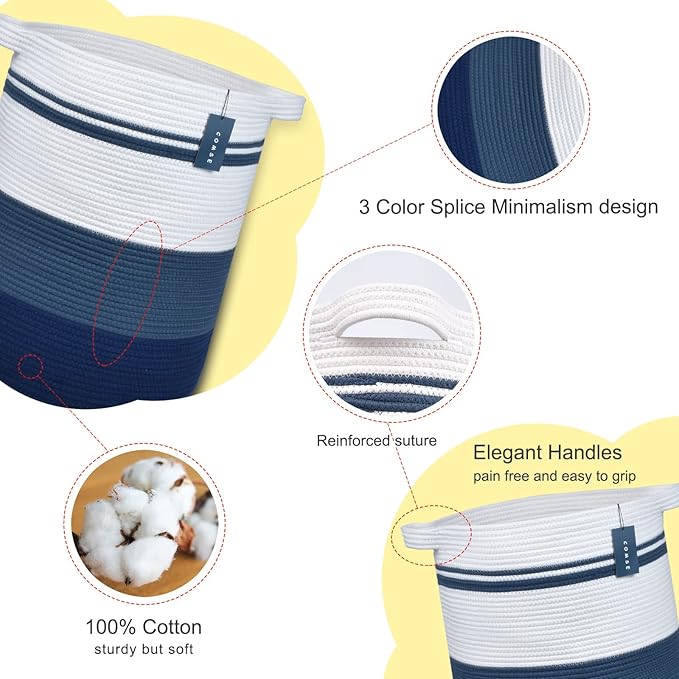 COMSE Extra Large Blanket Basket, Tall Laundry Basket, Nursery Hamper, 15.7”x 21.7”, Cotton Rope Woven Laundry Hamper for Storage Toys Clothes Towels, Gradient Blue