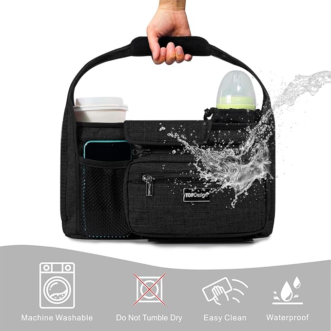 TOPDesign Universal Baby Stroller Organizer, Stroller Caddy with Detachable Mesh Bag & Heightened Insulated Cup Holders & Non-Slip Secure Hooks Accessories, Fits Most Strollers (Cats & Rockets)