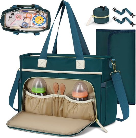 RAINSMORE Diaper Bag Tote, Large Diaper Baby Bag Waterproof Multifunctional Diaper Bag with Pacifier Case & Changing Pad