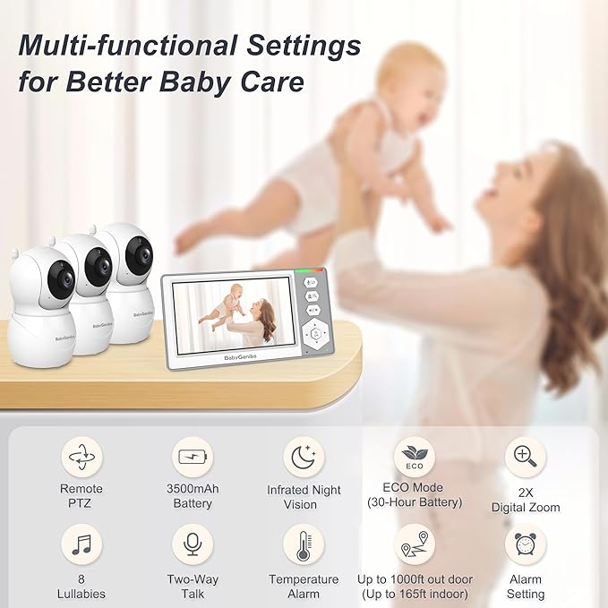 Baby Monitor with 3 Cameras Standby for 23-Hour Battery, Remote Control 4.3'' IPS Video Baby Monitor No WiFi Up to 1000ft Range, ECO, Night Vision, Temperature, 2-Way Talk, 8 Lullabies