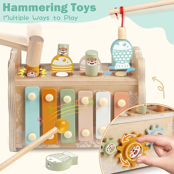 Wooden Montessori Toys for Toddlers 1-3, Baby Pounding Hammering Toy with Xylophone & Fishing Game, Car Ramp Racer, Stacking Blocks & Shape Sorter, 3 in 1 Learning Multi-Activity Set for 1 + Year Old