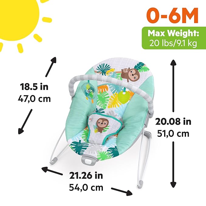 Bright Starts Wild Wonders Vibrating Baby Bouncer, Removable Toy Bar with 2 Toys, Nonslip Feet, 0-6 Months Up to 20 lbs