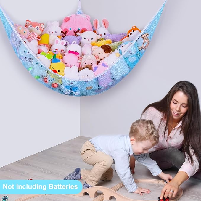 Unicorn Castle Stuffed Animals Net or Hammock Kids Toy Storage Organizer with LED Light Hanging Corner Stuffed Animals Holder Kids Girls Room Decor,Blue,XL-Large-Pack of 1