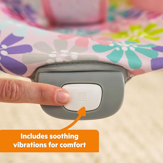 Bright Starts Pink Vibrating Baby Bouncer, Removable Toy Bar with 2 Toys, Nonslip Feet, 0-6 Months Up to 20 lbs (Wildflower Wonders)
