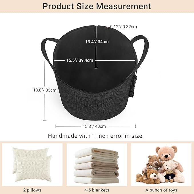 Mkono Woven Storage Basket Decorative Natural Rope Basket Wooden Bead Decoration for Blankets,Toys,Clothes,Shoes,Plant Organizer Bin with Handles Living Room Home Decor, 16"W×13.8"L, Black