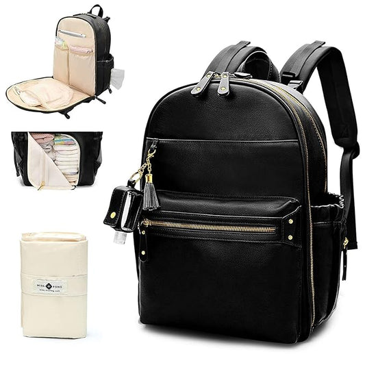miss fong Diaper Bag Backpack Leather Diaper Bag, Baby Diaper Bag for Baby, 16 Pockets with Hand Sanitizer Holder, Changing Pad, 2 Insulated Pockets(Black)