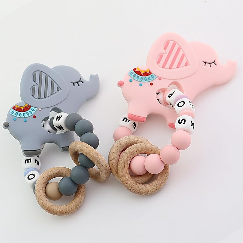 Personalized Baby Teether Rattle with Name – Custom Wooden Teething Toy for Boys & Girls – Handmade Elephant Keepsake Baby Shower Gift (Grey)