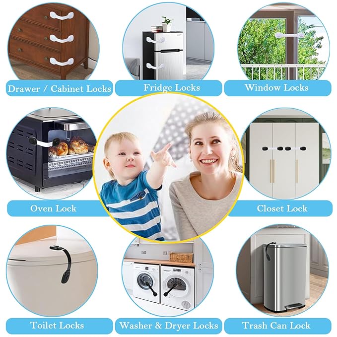 Fursafe&Q Baby Cabinet Locks, Child Safety Cabinet Proofing -Child Safety Strap Locks Adhesive Drawer Fridge Ovens Door Toilet Latches No Drill Multi-Purpose for Furniture Kitchen Lock (White, 6Pack)