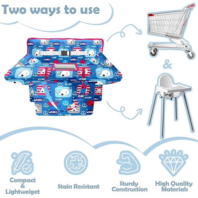 Shopping Cart Cover for Baby Girl Boy 2-in-1 High Chair Water Resistant High Chair Cover Blue Whale Gender Neutral Cart Cover for Babies Padded Grocery Cart Cover for Baby
