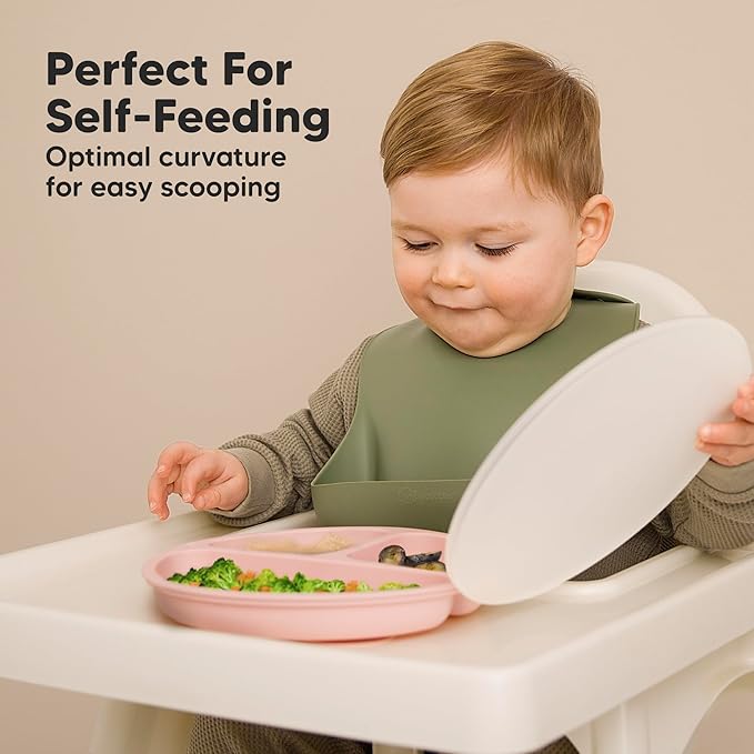 KeaBabies Suction Plates with Lids for Baby - 3-Pack 100% Silicone Toddler Plates with Suction, Divided, BPA-Free Baby Led Weaning Essentials for Kids, Dishwasher, Microwave Safe, Durable (Macaron)