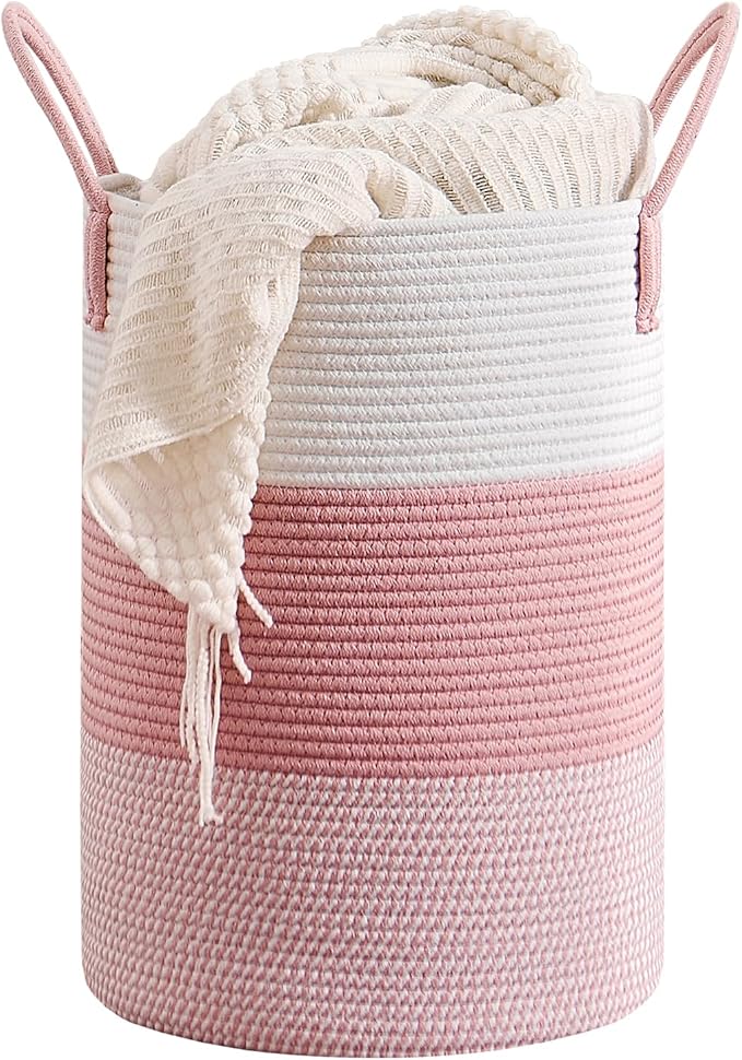 CLHMILY&Z 60L Laundry Basket Round Storage Rope Basket - 15x20.5 Inches - Pink Hamper in Bedreoom and Cute Storage Bin for Blankets, Toys, and Nursery Essentials