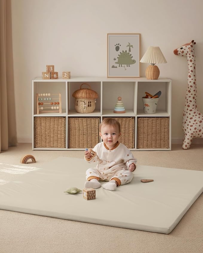 Blissful Diary Vegan Leather Baby Play Mat, 50x50 Thick Foam Cushioned & Waterproof Playpen Mat for Infants and Toddlers, Stylish and Just Wipe-Clean Playmat for Baby Play on Floor, Beige