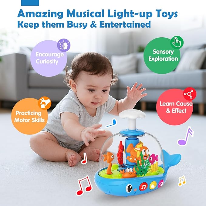 DUPHLAGT Baby Toys 6-12 Months - Toys for 1 Year Old Boy Girl Birthday Gift Press & Spin Aquarium Musical Light Up Infant Toys 12-18 Months - Bilingual Learning Toy for 1 2 Year Old (Blue)