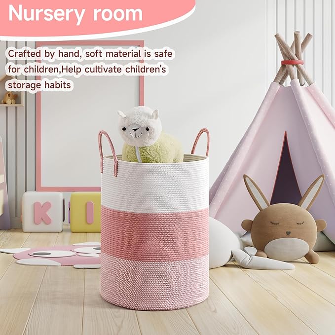 CLHMILY&Z 100L Laundry Basket Round Storage Rope Basket - 18.1x24 Inches - Pink Hamper in Bedreoom and Cute Storage Bin for Blankets, Toys, and Nursery Essentials