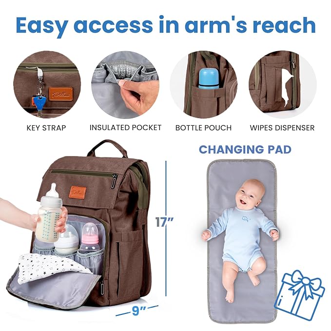 PILLANI Baby Diaper Bag Backpack - Large Bag for Boys & Girls, Waterproof Diaper Backpack - Travel Diaper Bags w/Changing Pad, Baby Registry Search & Shower Gifts - Essentials Must Haves Newborn Stuff