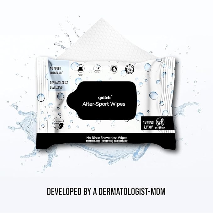 Quitch After-Sport Wipe Unscented Shower-Free Cloth for Kids & Baby, Rinse-Free Body-Wipe, Aluminum-Free Natural Deodorant, Non-Toxic Sensitive Skin Towelettes, Travel-Friendly, Back to School
