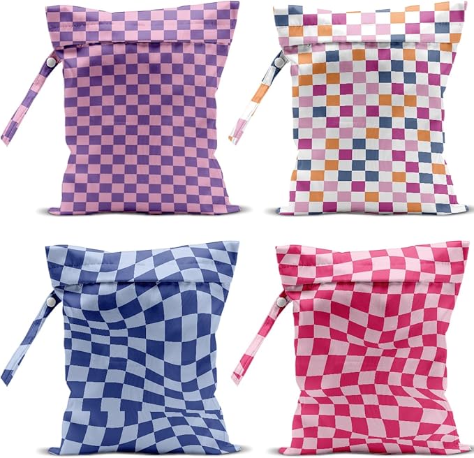 4 Pack Cute Wet Bag Waterproof Washable Reusable Wet Dry Bag for Swimsuit Dirty Clothes Diaper Travel Beach Pool Gym Birthday Bachelorette Party Camping Toiletries Beach Essentials，Colorful Checkered