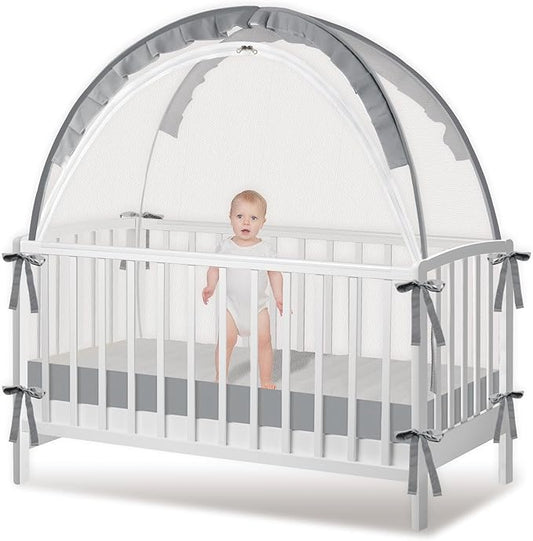 Crib Tent - Crib Net to Keep Baby in, Stop Baby from Climbing Out of Crib, Pop Up Baby Crib Tent with Double Zip Strong Rods and Breathable Net Clear Visibility Easy to Install (Grey, Large)