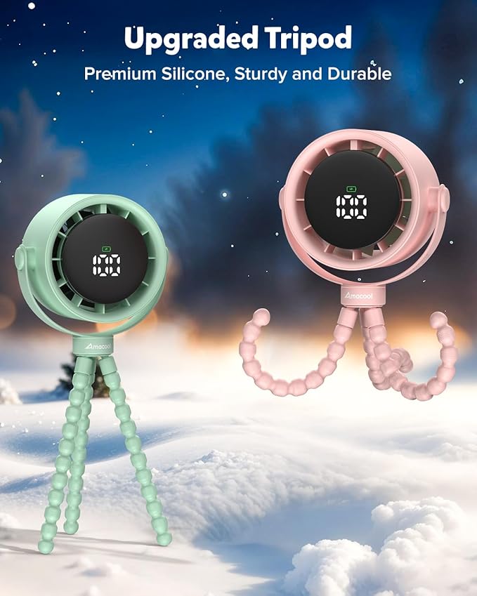 AMACOOL Baby Stroller Fan, Rechargeable Portable Clip on Fan, 17H Cooling with 5 Speeds, LED Display, 360°Rotate Personal Cooling Fans for Car Seat, Crib, Travel, Camping, Gifts for New Parents