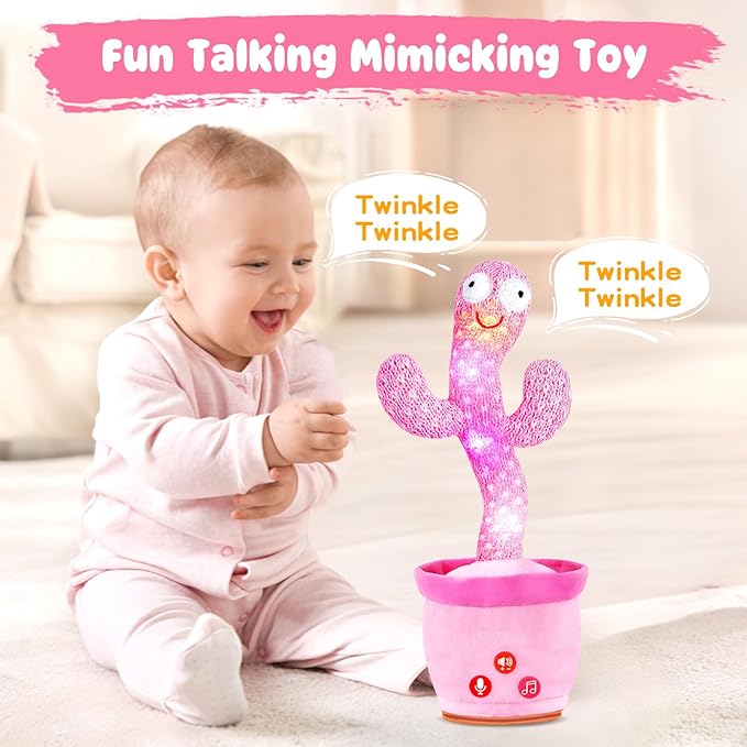 Dancing Talking Cactus Toy for Baby Toddler, Volume Adjustable, Mimicking, Recording, Singing English Songs, Tummy Time Toys –Baby Toys Girls Gifts