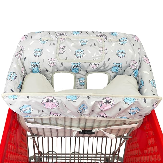 Soft Pillow Attached 2-in-1 Shopping Cart and High Chair Cover for Baby, Cotton Padded Cart Cover, Fold'n Roll Style, Portable with Carry Bag (Gray Owl)