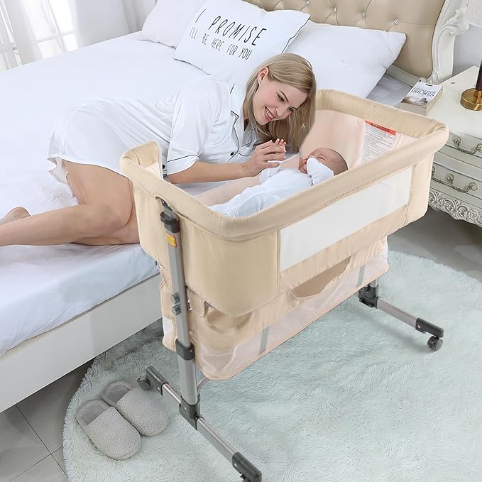 3in1 Bedside Crib for Girl or Boy, Bedside Sleeper for Baby Portable and Adjustable Crib with Mosquito net for Newborn Baby,Deep Khaki